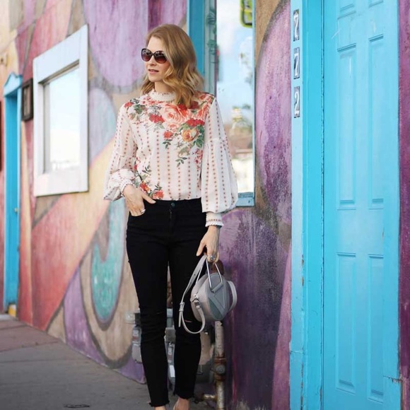 Floral Print dot Balloon Sleeve Cream Boho Blouse - Picture 12 of 13